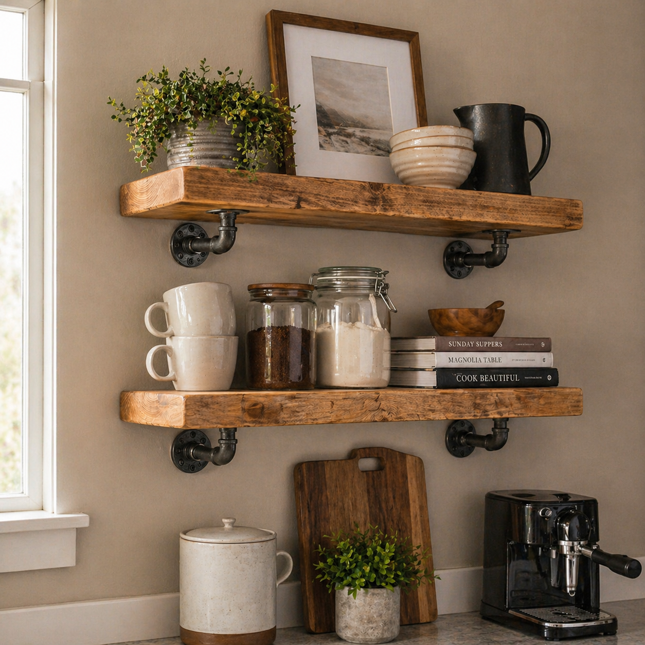 Industrial pipe bracket shelf by Jay Jackson Furniture, featuring black metal pipe brackets and a wooden shelf for modern decor.