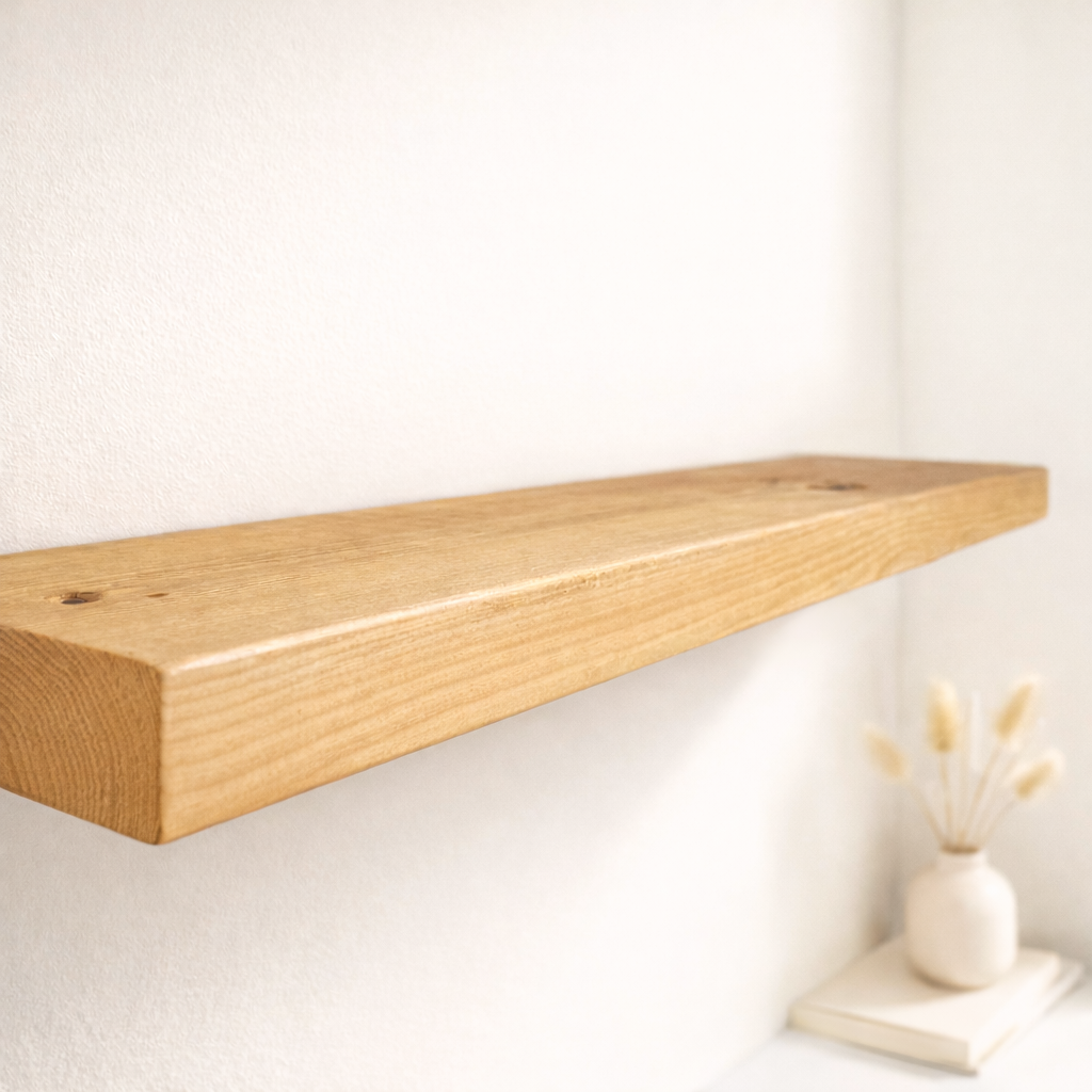 Rustic floating shelf by jayjacksonfurniture mounted on wall, showcasing natural wood finish and simple, sturdy design.